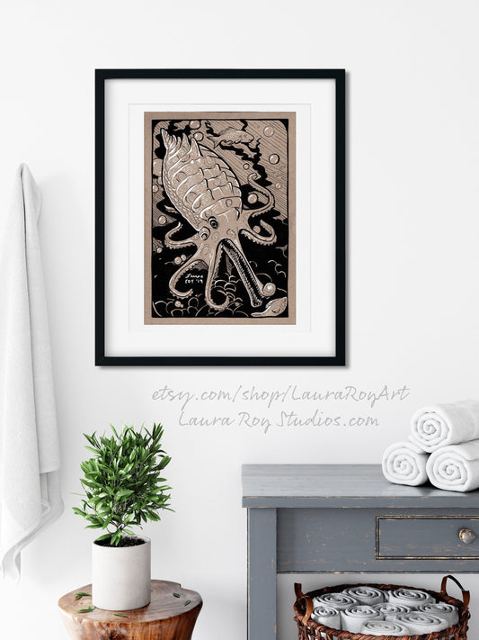 Gharial-Octopus Whimsical Pen + Ink | Giclée Print