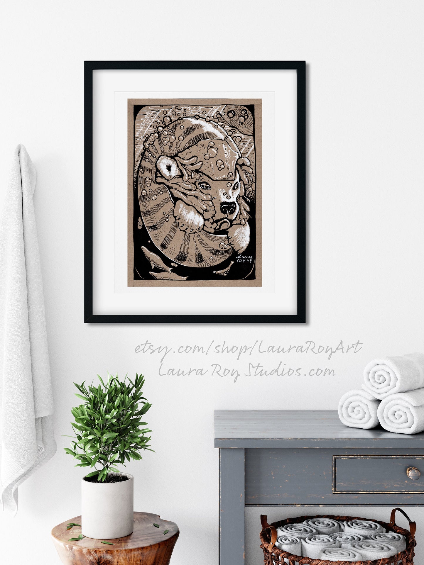 Polar Bear Nautilus Whimsical Pen + Ink | Giclée Print