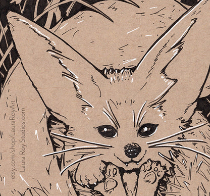 Hedgehog Fox Whimsical Pen + Ink | Giclée Print