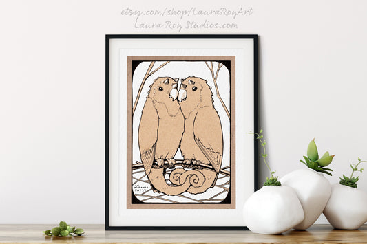 Love Bird Chameleons Whimsical Pen + Ink | Giclée Print