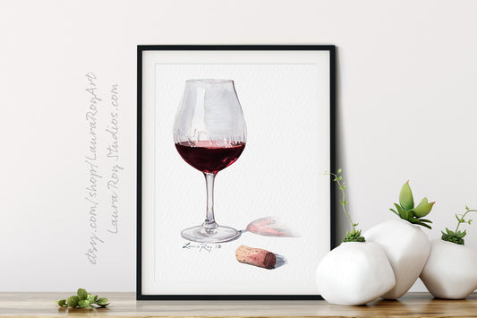 Glass of Pinot Red Wine Watercolor | Giclée Print