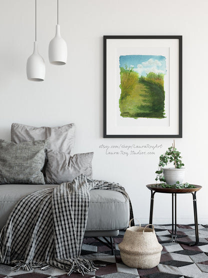 Prairie Hillside Watercolor Giclée Print | Blue Skies and Tall Grass