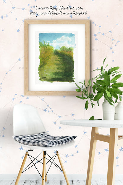 Prairie Hillside Watercolor Giclée Print | Blue Skies and Tall Grass