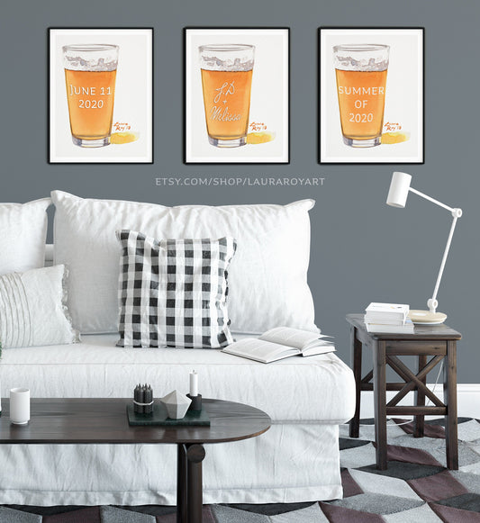 Pint of Beer Watercolor Giclée Print - Personalized Set of 3