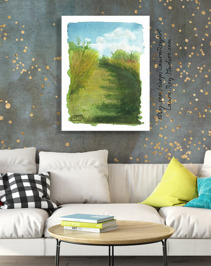 Prairie Hillside Watercolor Giclée Print | Blue Skies and Tall Grass