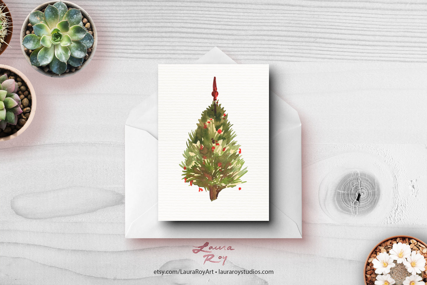 Personalized Watercolor Christmas Tree Card – Freshly Cut Tree with Red Ornaments, Customizable Holiday Greeting (Single or Set)