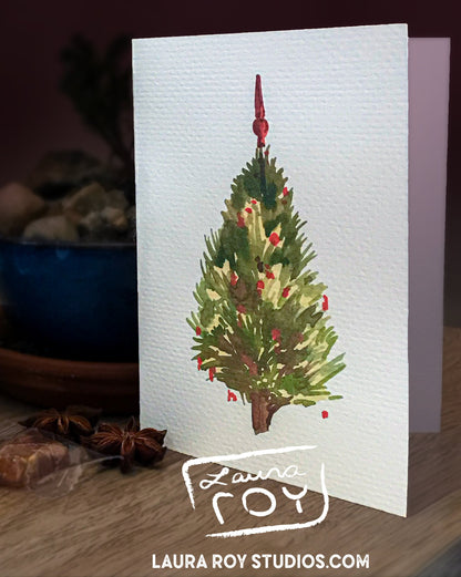 Personalized Watercolor Christmas Tree Card – Freshly Cut Tree with Red Ornaments, Customizable Holiday Greeting (Single or Set)