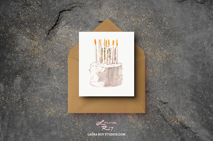 Personalized Watercolor Birthday Cake with Number Card - Watercolor Cake with Candles & Confetti, Customizable Number (Single or Set)