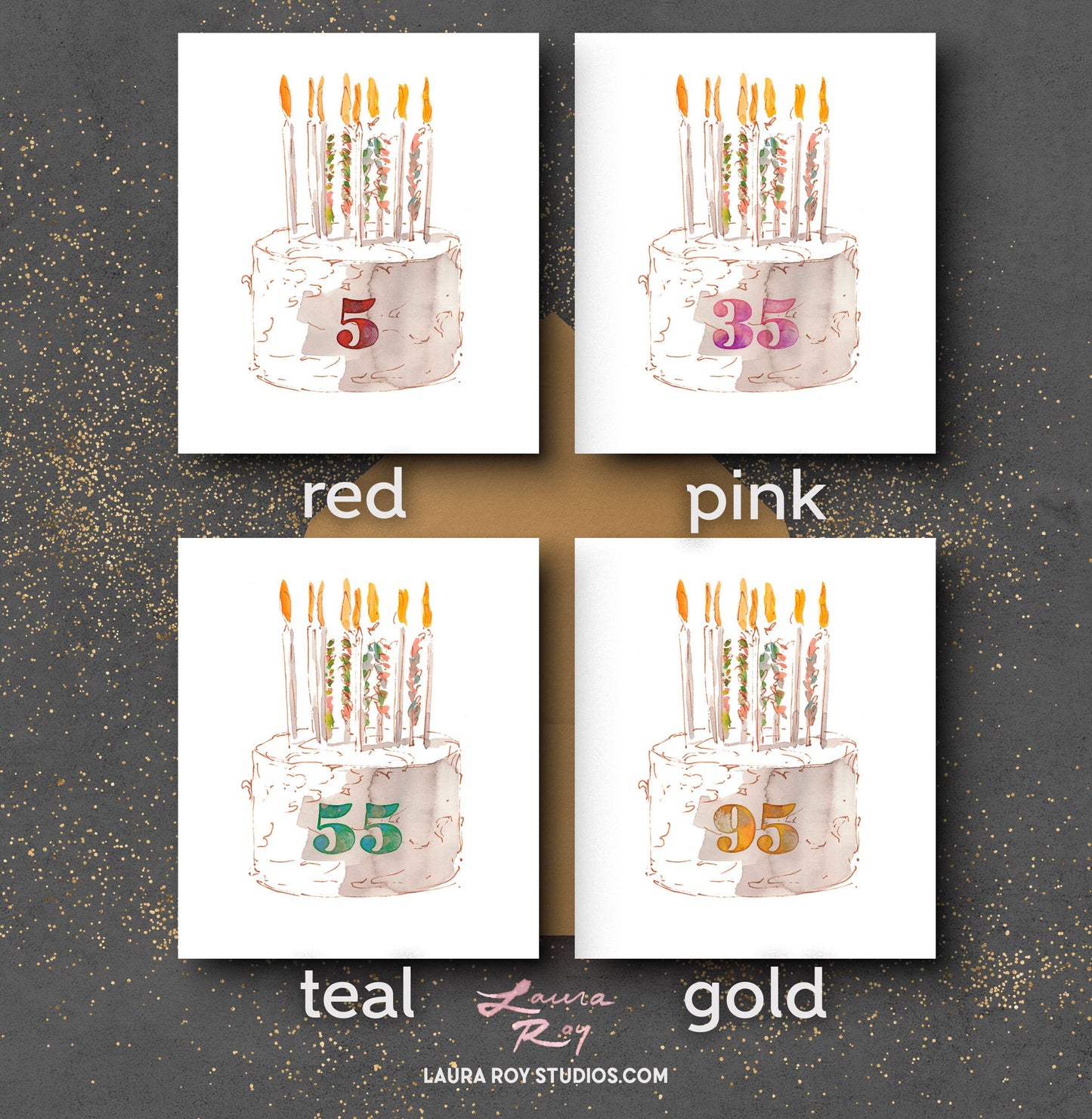 Personalized Watercolor Birthday Cake with Number Card - Watercolor Cake with Candles & Confetti, Customizable Number (Single or Set)