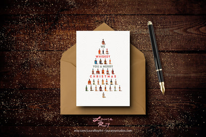 Personalized Whiskey Tree Christmas Card - Watercolor Whiskey Bottles Forming a Tree, Customizable Holiday Greeting (Single or Set)