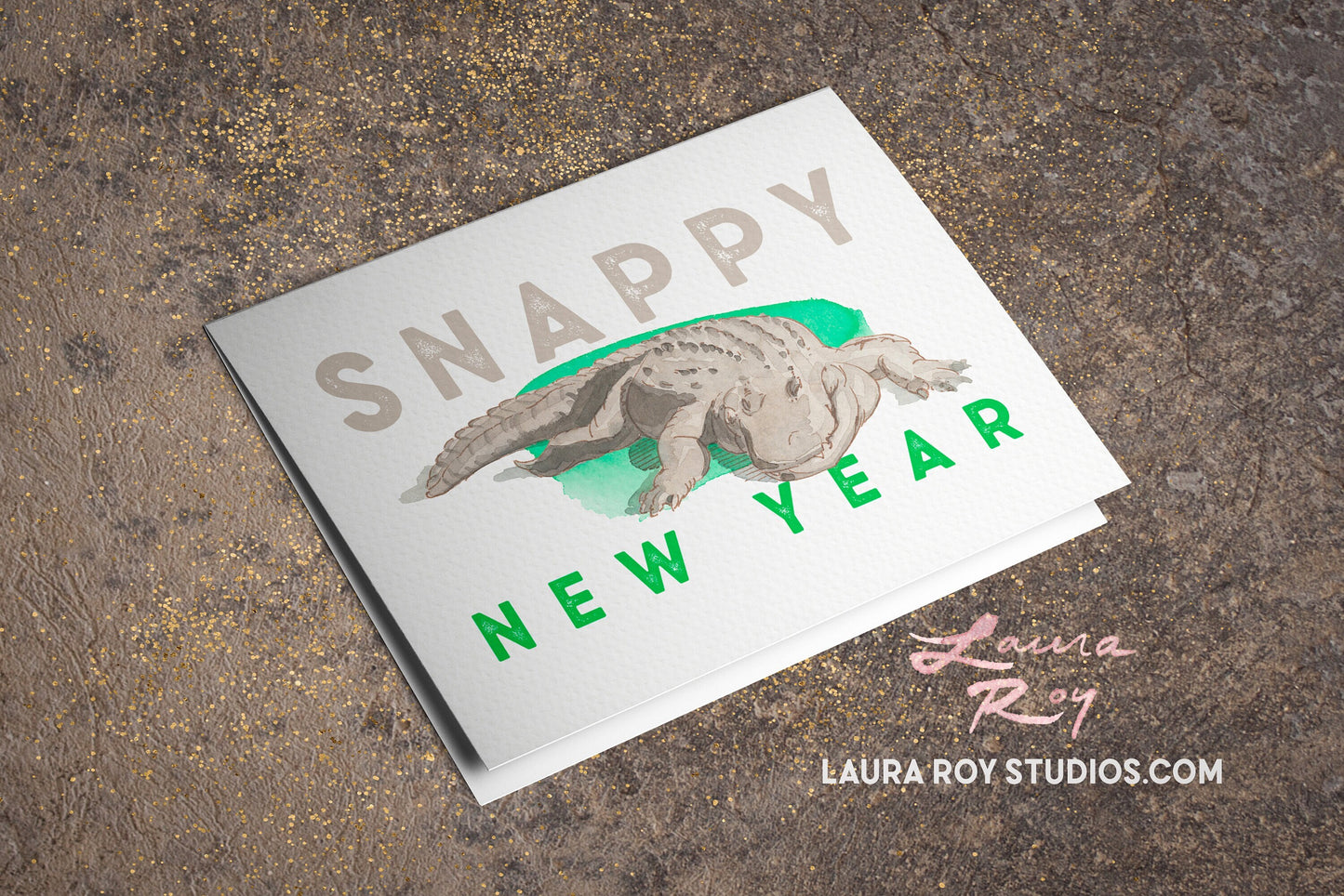 Personalized Snappy New Year Alligator Card – Watercolor Painting of Chester the Alligator, Customizable New Year Greeting (Single or Set)