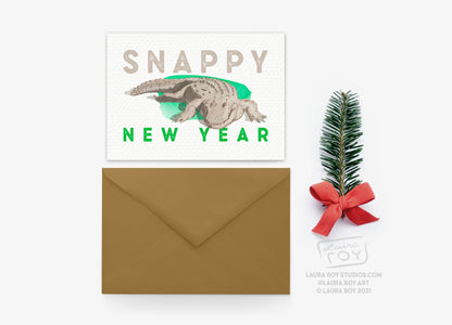 Personalized Snappy New Year Alligator Card – Watercolor Painting of Chester the Alligator, Customizable New Year Greeting (Single or Set)