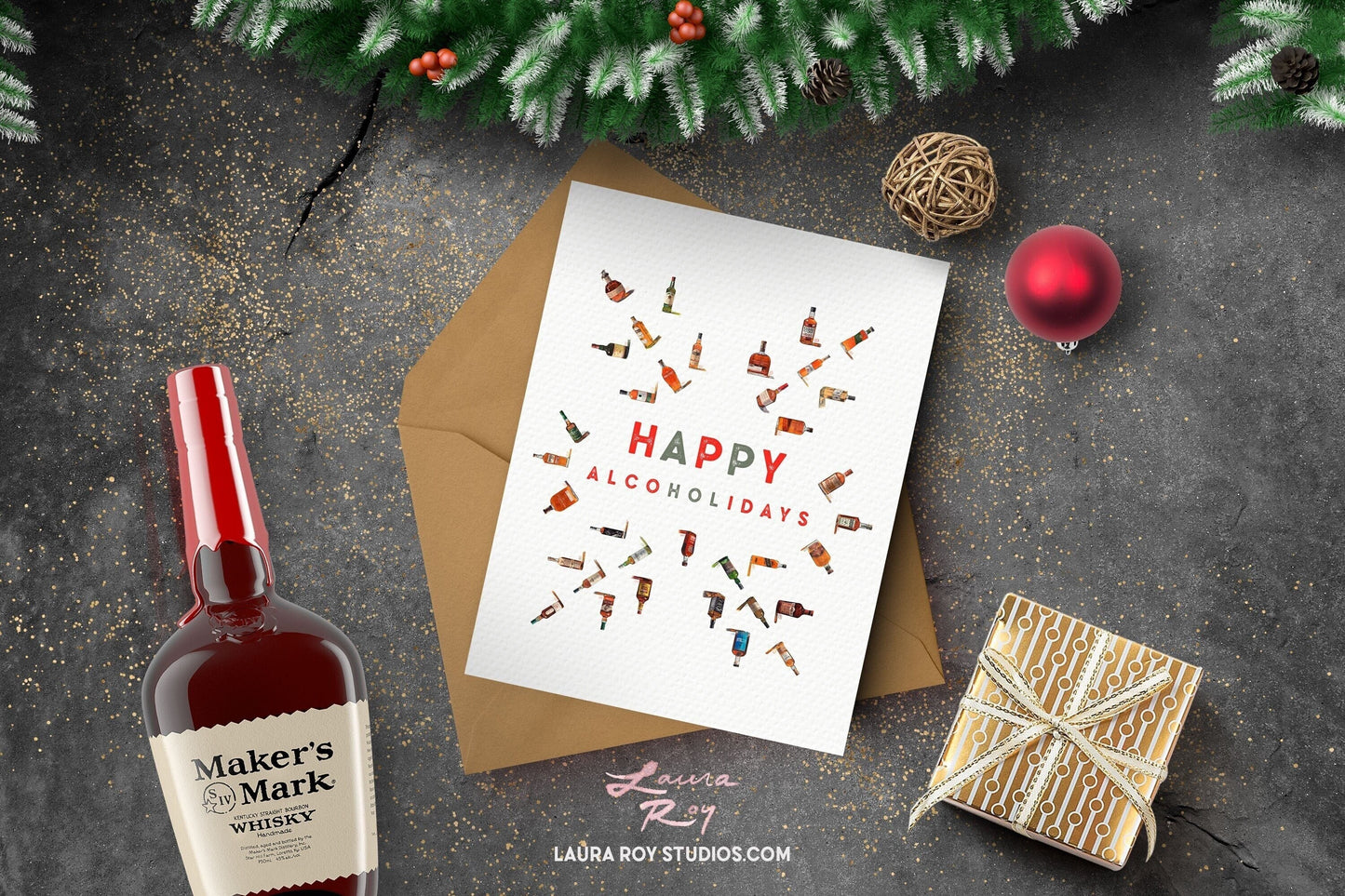 Personalized Whiskey Snowflake Card - Watercolor Whiskey Bottles Snowflake Pattern, Customizable Christmas Holiday Greeting (Single or Set)