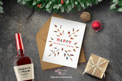 Personalized Whiskey Snowflake Card - Watercolor Whiskey Bottles Snowflake Pattern, Customizable Christmas Holiday Greeting (Single or Set)