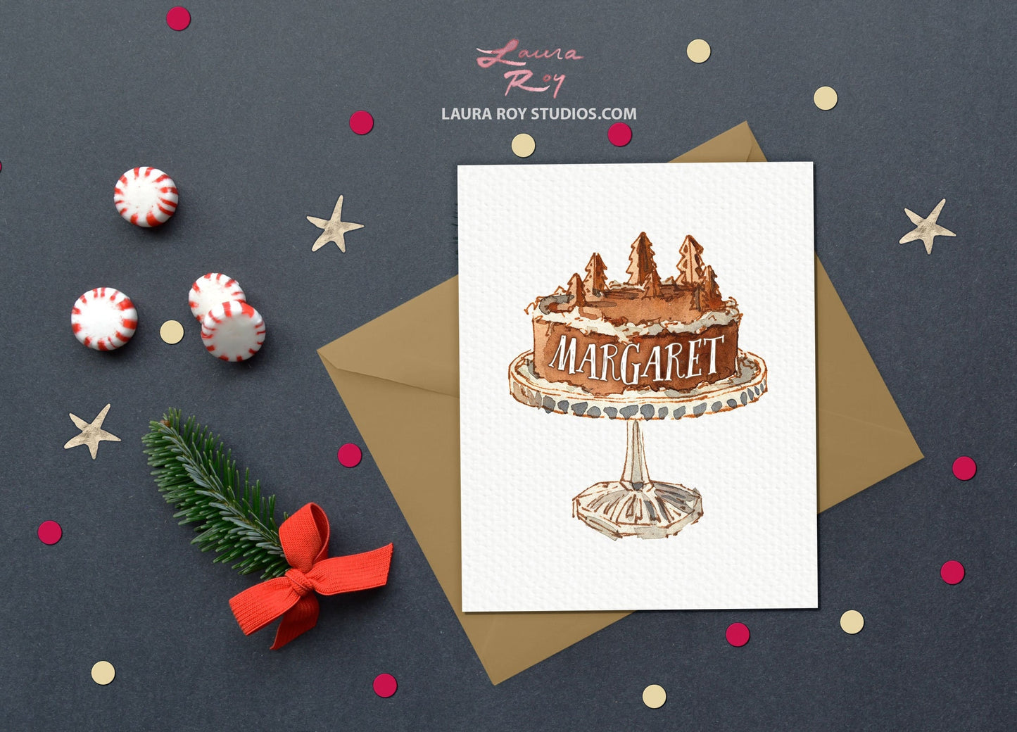 Personalized Winter Wonderland Cake Birthday Card - Watercolor Painting of a Winter Cake with Tiny Trees, Customizable Name (Single or Set)