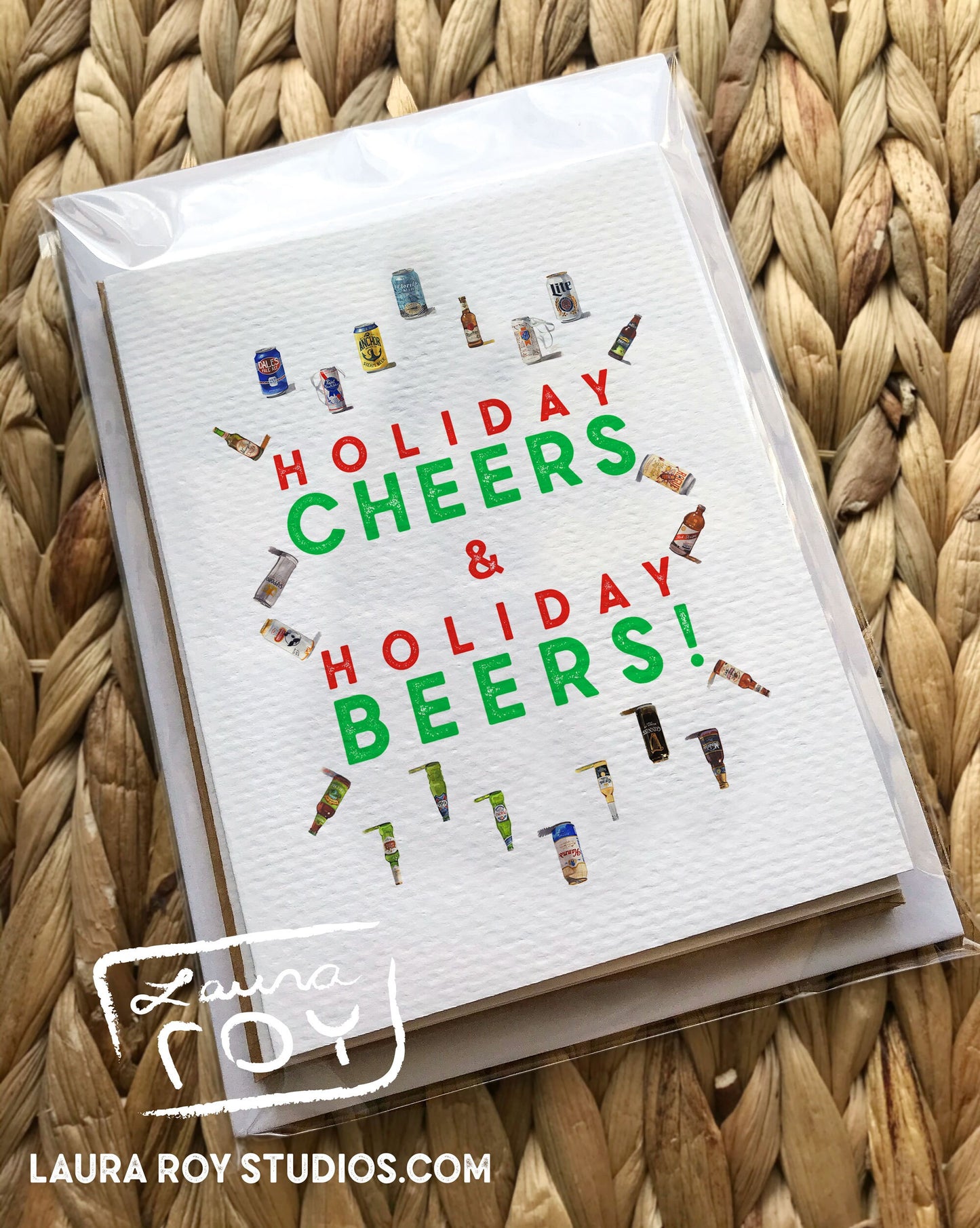 Personalized Beer Snowflake Card - Watercolor Artwork of Beers in Snowflake Pattern, Customizable Christmas Holiday Greeting (Single or Set)