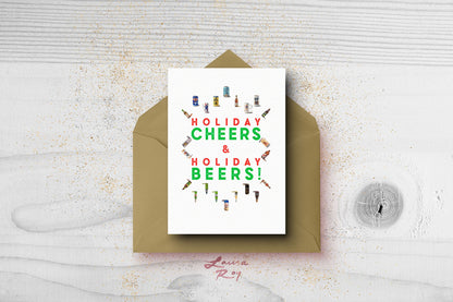 Personalized Beer Snowflake Card - Watercolor Artwork of Beers in Snowflake Pattern, Customizable Christmas Holiday Greeting (Single or Set)