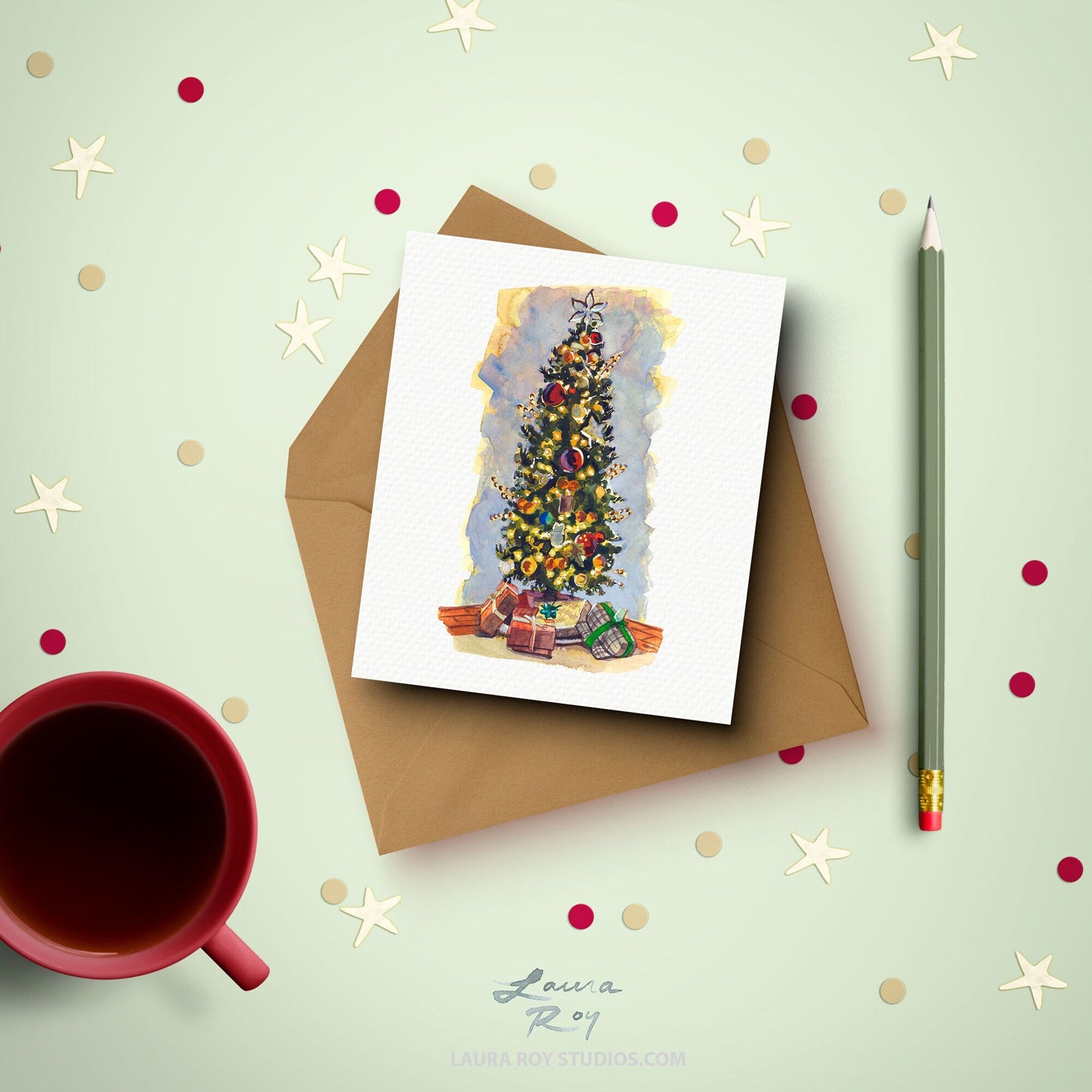 Personalized Christmas Tree with Gifts Card - Tall Tree with Gold & Red Ornaments, Customizable Holiday Greeting (Single or Set)