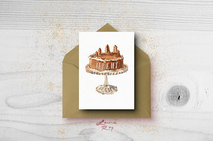 Personalized Winter Wonderland Cake Birthday Card - Watercolor Painting of a Winter Cake with Tiny Trees, Customizable Name (Single or Set)