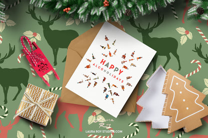 Personalized Whiskey Snowflake Card - Watercolor Whiskey Bottles Snowflake Pattern, Customizable Christmas Holiday Greeting (Single or Set)