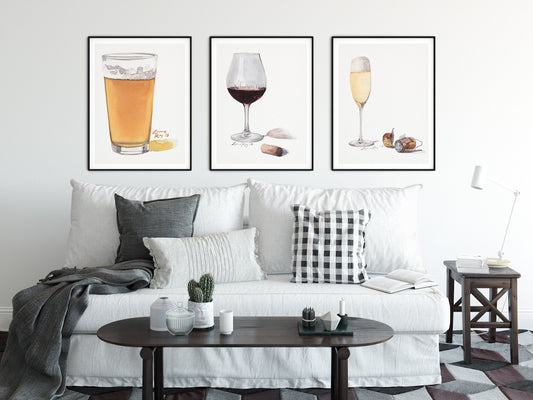 Beer, Wine, and Champagne (Set of 3) Watercolors | Giclée Prints