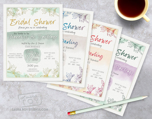 Watercolor Bridal Shower Invitations + Party Starter Pack | Floral Pattern Customizable